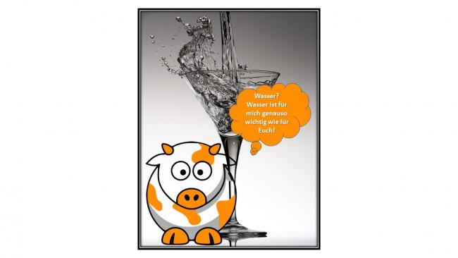 Comic-Kuh vor einem Wasserglas